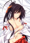  absurdres areolae black_hair breasts cleavage collarbone covering covering_breasts hair_ribbon high_school_dxd highres himejima_akeno huge_breasts japanese_clothes long_hair miko miyama-zero navel off_shoulder one_eye_closed ponytail purple_eyes ribbon smile solo very_long_hair 