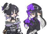  2girls bandaged_arm bandages bare_shoulders black_gloves black_hair black_hat black_jacket black_kimono blunt_bangs closed_mouth colored_tongue gloves goggles goggles_on_headwear grey_eyes hat highres housho_margo inkling jacket japanese_clothes kimono kurobe_nanoka lolita_fashion long_hair long_sleeves looking_at_another mahou_shoujo_no_majo_saiban mini_hat mini_top_hat multiple_girls neck_ribbon paint_splatter paint_splatter_on_face parted_bangs pointy_ears purple_eyes purple_tongue ribbon short_hair simple_background smile splatoon_(series) splatoonification tentacle_hair tongue tongue_out top_hat twintails upper_body wa_lolita white_background wuubaiwan 