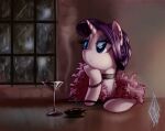 2012 blue_eyes clothed clothing cocktail_glass container cup detailed_background drinking_glass ear_piercing equid equine eyelashes feral friendship_is_magic glass glass_container glass_cup hair hasbro horn inside mammal my_little_pony mythological_creature mythological_equine mythology piercing pupils purple_hair raining rarity_(mlp) solo unicorn white_body whitediamonds window