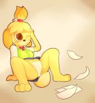 accident accidental_exposure animal_crossing anthro blush canid canine canis clothed clothing domestic_dog female front_view hand_on_head hi_res isabelle_(animal_crossing) mammal mrdegradation navel nintendo one_eye_closed panties shih_tzu solo spread_legs spreading toy_dog underwear upskirt white_clothing white_panties white_underwear