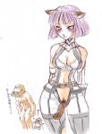  1girl 2boys adventurer_(ff11) animal_ears arms_behind_back bad_id belt between_legs breasts cat_ears cat_girl cat_tail cleavage female_pubic_hair final_fantasy final_fantasy_xi grey_belt hume looking_down lowres medium_breasts mismatched_pubic_hair mithra_(ff11) multiple_boys navel pubic_hair purple_eyes purple_hair short_hair simple_background solo_focus tail tail_between_legs tarutaru tomotsuka_haruomi translation_request tsurime white_background 
