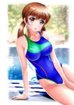  brown_eyes brown_hair competition_swimsuit long_hair lying mashinatsu on_side one-piece_swimsuit original solo swimsuit twintails 