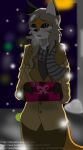 2017 anthro biped black_clothing black_ears black_gloves black_handwear blue_eyes blurred_background blush bokeh bottomwear bow_ribbon box canid canine clothed clothing coat colored container digital_drawing_(artwork) digital_media_(artwork) english_text eyebrows female fox front_view fur gift_box gloves hair handwear hi_res holding_box holding_container holding_object jacket kangwolf long_hair looking_at_viewer mammal night open_mouth orange_body orange_fur outside pants pattern_clothing pattern_scarf pink_bow pink_ribbon ribbons scarf snow snowing solo standing street_lamp striped_clothing striped_scarf stripes tail tan_clothing text topwear url watermark white_body white_fur winter