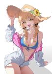  1girl absurdres adjusting_clothes adjusting_headwear black_bow blonde_hair blush bow braid breasts chinese_commentary cleavage commentary_request cowboy_shot fang flower fujita_kotone gakuen_idolmaster hair_bow hat hat_flower hat_ribbon highres idolmaster jacket long_hair looking_at_viewer low_twin_braids medium_breasts navel off_shoulder open_mouth orange_eyes partially_unzipped ribbon simple_background skin_fang solo straw_hat sun_hat twin_braids white_background white_jacket white_ribbon wochinijiadamia yellow_flower 