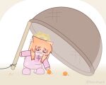  1girl animal_ear_fluff animal_ears blue_archive blush brown_background closed_eyes commentary_request drop_trap food food_on_face halo highres horuhara korean_commentary leaning_forward long_hair long_sleeves mari_(blue_archive) neck_ribbon no_nose open_mouth orange_hair pajamas pink_pajamas pink_slippers polka_dot polka_dot_pajamas ribbon slippers solo twitter_username yellow_halo 