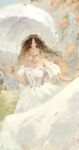  1girl bare_shoulders blush branch breasts brown_eyes brown_hair choker collarbone commentary day dress english_commentary eyelashes falling_petals grass head_wreath heart heart_necklace highres holding holding_own_dress holding_umbrella jewelry lace lace_choker long_dress long_hair looking_at_viewer medium_breasts necklace off-shoulder_dress off_shoulder original outdoors parasol parted_bangs parted_lips petals pink_petals puffy_short_sleeves puffy_sleeves short_sleeves solo tearing_up umbrella wavy_hair white_choker white_umbrella y0range 
