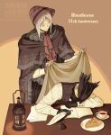  1boy 1girl anniversary arizuka_(catacombe) ascot black_dress black_hat blanket bloodborne bonnet cake cloak closed_mouth commentary_request cup doll_joints dress english_text flower food grey_hair hat highres holding hunter_(bloodborne) joints long_sleeves plain_doll red_ascot red_hat shirt smile striped_clothes striped_shirt table tricorne watermark white_hair white_shirt wooden_table 