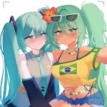  2026_fifa_world_cup 2girls :3 aqua_eyes aqua_hair aqua_necktie aspcots3 black_sleeves blue_shorts brazilian_miku breasts closed_mouth commentary_request cropped_shirt dark-skinned_female dark_skin detached_sleeves dual_persona english_commentary flower hair_flower hair_ornament hatsune_miku highres large_breasts long_hair looking_at_another mixed-language_commentary multiple_girls necktie red_flower shirt shorts smile tan twintails very_long_hair vocaloid world_cup yellow_shirt 