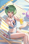  1girl :d absurdres ahoge bare_shoulders bikini blue_bikini breasts brown_eyes chinese_commentary cleavage collarbone commentary_request cup drinking_glass feet_out_of_frame frilled_bikini frills glasses green_hair hands_up highres kenkou_zenrakei_suieibu_umishou large_breasts layered_bikini looking_at_viewer navel ninagawa_amuro open_mouth outdoors pink-framed_eyewear short_hair side-tie_bikini_bottom sitting sleeveless smile solo swimsuit v white_bikini xzu 