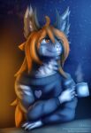 2_horns absurd_res anthro art_fight artfight2026 big_ears brown_eyes claws clothing container cup cute_fangs demon digital_media_(artwork) digital_painting_(artwork) fangs felid feline fluffy fur grey_body grey_fur hair half-length_portrait handpaw happy hi_res horn hybrid leaning leaning_forward light looking_up lynx male mammal moonlight mug night painting_(artwork) paws peaceful peaceful_scenery plant portrait red_hair sky smile solo star starry_sky steam stellaamoris sweater teeth topwear tree white_body white_fur yura_(luckyfelixflex)