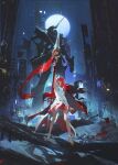  1girl asymmetrical_gloves building cape city_lights commentary dress elbow_gloves english_commentary epaulettes flag full_body gloves hair_between_eyes highres himeko_(honkai:_star_rail) himeko_(nova)_(honkai:_star_rail) holding holding_flag holding_polearm holding_weapon honkai:_star_rail honkai_(series) long_hair mismatched_gloves open_mouth outdoors polearm red_cape red_gloves red_hair sberrymacchiato skyscraper standing starblazer_(honkai:_star_rail) uneven_gloves weapon white_dress white_gloves yellow_eyes 