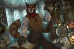2021 ailurid alchemist anthro artist_logo artist_name black_body black_fur book bookshelf bottomwear brown_body brown_fur chemistry clothing detailed_background digital_media_(artwork) erlenmeyer_flask eyewear fur furniture gem german_braga glasses glasses_chain green_eyes inside kerchief laboratory_equipment laboratory_glassware library logo male mammal markings neckerchief neckwear pants partran_(red_panda) reading reading_book red_panda scientific_instrument scroll solo striped_markings striped_tail stripes tail tail_markings text topwear vest wearing_glasses window