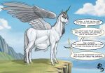 2025 belly dragonczech duo english_text equid equine female female_pred feral feral_pred fully_inside fur grass hi_res horn human human_prey mammal mountain mythological_creature mythological_equine mythology plant speech_bubble tail talking_to_pred talking_to_prey text unicorn unseen_prey vore water white_belly white_body white_fur white_legs white_tail white_wings winged_unicorn wings yellow_eyes yellow_horn