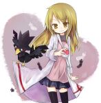  1girl amakaze_sora bag black_feathers black_skirt black_thighhighs borrowed_character breasts brown_eyes brown_hair closed_mouth commentary_request feathers grey_jacket holding holding_poke_ball jacket long_hair long_sleeves looking_at_viewer murkrow open_clothes open_jacket original pelvic_curtain pink_shirt poke_ball poke_ball_(basic) pokemon pokemon_(creature) red_eyes shirt shoulder_bag skirt small_breasts smile thighhighs 