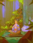  1girl :< ace_attorney black_hair closed_eyes closed_mouth commentary english_commentary full_body hair_bun harajuno highres japanese_clothes kimono leaf long_hair maya_fey meditation obi outdoors own_hands_together plant praying sash single_hair_bun sitting solo tree twitter_username vines water waterfall 