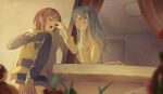  2girls absurdres bang_dream! bang_dream!_it's_mygo!!!!! blue_hair blue_hoodie blue_shorts callmeberrypls commentary english_commentary feeding grey_eyes grey_hair hair_ribbon highres hood hood_down hoodie logo long_hair long_sleeves multiple_girls open_mouth ribbon shirt short_hair shorts takamatsu_tomori togawa_sakiko twintails valentine white_shirt yellow_eyes yuri 