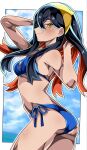  alternate_costume ass bikini black_hair blue_bikini blush border breasts carmine_(pokemon) closed_mouth colored_inner_hair commentary_request crossed_bangs eyelashes hair_between_eyes hairband hands_in_own_hair highres long_hair looking_at_viewer mole mole_under_eye multicolored_hair outside_border pokemon pokemon_scarlet_and_violet red_hair shiki_(kisikisi1007) side-tie_bikini_bottom smile swimsuit two-tone_hair white_border yellow_eyes yellow_hairband 