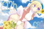  1girl back_bow blonde_hair blue_eyes blue_sky bouquet bow breasts closed_mouth cloud comiket_88 commentary_request cowboy_shot dress flower hanimitsu hat hat_flower high_priest_(ragnarok_online) holding holding_bouquet juliet_sleeves leaning_forward long_sleeves looking_at_viewer medium_breasts pointy_ears puffy_sleeves ragnarok_online red_dress sash short_hair sky smile solo sunflower tam_(ragnarok_online) two-tone_dress white_bow white_dress white_hat white_sash yellow_flower 