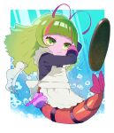 1girl antenna_hair apron black_dress closed_mouth colored_sclera colored_skin commentary_request dress elda_(precure) fang fang_out full_body green_eyes green_hair horizontal_pupils long_hair long_sleeves maid maid_headdress moudoku_(decopon3rd) multicolored_hair pink_hair pink_skin precure shrimp_girl shrimp_tail solo streaked_hair tropical-rouge!_precure two-tone_hair white_apron yellow_sclera 