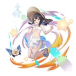  1girl artist_request bikini black_hair bracelet brown_eyes fate/kaleid_liner_prisma_illya fate_(series) full_body game_asset grand_summoners hat jewelry magical_sapphire miyu_edelfelt navel official_art open_mouth sandals sarong see-through_clothes see-through_sarong simple_background solo sparkle star_(symbol) sun_hat swimsuit third-party_source transparent_background white_bikini white_sarong 
