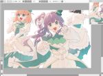  3girls :d art_program_in_frame ascot black_hair blunt_ends bob_cut buttons cerise_bouquet cropped_jacket double-breasted frilled_sleeves frills green_ascot green_eyes green_hat green_skirt green_vest hana_sakeba_yume_kakeru hat highres hinoshita_kaho jacket long_hair long_sleeves looking_at_viewer love_live! love_live!_hasu_no_sora_jogakuin_school_idol_club love_live!_hasu_no_sora_jogakuin_school_idol_club_bloom_garden_party medium_hair mini_hat mini_top_hat momose_ginko multiple_girls open_clothes open_jacket open_mouth orange_hair otomune_kozue pants pantyhose puffy_long_sleeves puffy_sleeves purple_hair ruoguiling shirt short-sleeved_jacket short_hair short_sleeves side_ponytail sidelocks simple_background skirt sleeveless sleeveless_jacket smile tilted_headwear top_hat two_side_up unfinished vest virtual_youtuber white_background white_jacket white_pants white_pantyhose white_shirt white_skirt 