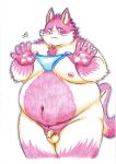 absurd_res anthro balls belly blush bungo_(tamacolle) butti_myroom clothing domestic_cat embarrassed fat_upper_pubic_area felid feline felis flaccid foreskin fur genitals hi_res male mammal moobs navel nipples nude overweight pawpads penis pink_body pink_fur small_penis solo tamacolle thong traditional_media_(artwork) underwear