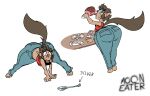 big_butt bodily_fluids bone bottomwear breasts butt canid canine canis clothing cutlery danver_the_werewolf dark_body dark_skin denim denim_bottomwear denim_clothing diegutan eyelashes fangs female food ham_(food) hi_res humanoid humanoid_pointy_ears inner_thoughts jacket jeans kitchen_utensils logo looking_at_viewer looking_back mammal meat mythological_canine mythological_creature mythology nervous nervous_look nervous_sweat pants pointy_ears sharp_teeth silver_(metal) simple_background small_breasts solo spoon sweat tail tail_motion tailwag teeth thick_eyelashes tomboy tools topwear werecanid werecanine werecreature werewolf white_background wide_hips wolf wolf_tail