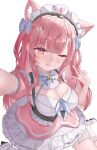  1girl absurdres ahoge animal_ears bell belt black_corset blue_bow blue_ribbon blush bow breasts cat_ears cat_girl cat_hair_ornament cleavage closed_mouth commentary_request corset dress footwear_bow garter_straps hair_bow hair_ornament hairclip heart heart_print highres indie_virtual_youtuber jingle_bell large_breasts long_hair looking_at_viewer maid maid_headdress neck_bell neck_ribbon one_eye_closed pink_bow pink_dress pink_eyes pink_hair pink_lips ribbon selfie shoes short_sleeves simple_background single_garter_strap single_sock single_thighhigh smile socks solo star_(symbol) star_hair_ornament thigh_belt thigh_strap thighhighs tongue tongue_out two_side_up uneti_1 v virtual_youtuber white_background white_belt white_dress white_garter_straps white_shoes white_socks white_thighhighs yuuki_sakuna yuuki_sakuna_(3rd_costume) 