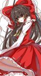  1girl absurdres ascot blush bow brown_eyes brown_hair chinese_commentary closed_mouth commentary_request detached_sleeves frilled_bow frilled_hair_tubes frills gohei hair_bow hair_tubes hakurei_reimu hato_tototo highres long_hair looking_at_viewer red_bow red_skirt ribbon-trimmed_skirt ribbon-trimmed_sleeves ribbon_trim skirt skirt_set smile solo touhou very_long_hair yellow_ascot 