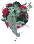  2boys branch cheekbones closed_mouth commentary_request facial_hair goatee_stubble golden_kamuy greyscale_with_colored_background highres koito_otonoshin long_sleeves male_focus multiple_boys object_through_head petals scar scar_on_face scar_on_forehead screw_in_head short_hair sleeves_past_fingers sleeves_past_wrists stubble tsukishima_hajime tsuruko_turuta twitter_username veins veiny_hands yaoi 