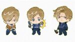  3boys :< angry axe beard_stubble black_fur black_shoes blonde_hair blue_coat blue_eyes blue_pants blue_shirt brown_coat bulletproof_vest chibi chibi_only ckm_tee closed_mouth coat collared_shirt commentary curtained_hair dot_nose double-parted_bangs english_commentary facial_hair full_body fur-trimmed_coat fur_trim gun hair_between_eyes handgun hatchet_(axe) holding holding_axe holding_gun holding_weapon leon_s._kennedy looking_to_the_side male_focus multiple_boys multiple_persona open_clothes open_coat open_collar pants police police_uniform resident_evil resident_evil_2 resident_evil_4 resident_evil_requiem shirt shoes sideways_glance simple_background standing stubble v-shaped_eyebrows weapon white_background white_fur wing_collar 