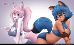 anthro black_ears black_nose blue_clothing blue_hair blue_tail bluesky_handle bottomwear brand_new_animal breasts brown_markings canid canine cleavage cleavage_cutout clothed clothing clouddg cutout deviantart_username dipstick_ears dipstick_hair dipstick_tail duo ear_markings facial_markings fangs female fluffy fluffy_tail fox fur gesture glistening glistening_body glistening_eyes glistening_hair glistening_tail gloves_(marking) gradient_background grey_clothing hair hand_gesture head_markings hi_res logo looking_at_viewer mammal markings mask_(marking) michiru_kagemori multicolored_ears multicolored_eyes nazuna_hiwatashi newgrounds_username open_mouth open_smile pink_hair pointy_ears ponytail prick_ears raccoon_dog simple_background smile solo studio_trigger suggestive_pose tail tail_markings tan_body tanuki teeth thick_thighs tongue twitter_handle v_sign white_body white_fur