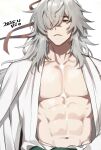  1boy abs commentary_request grey_hair hair_over_shoulder hair_ribbon highres honkai:_star_rail honkai_(series) jing_yuan long_hair male_focus muscular muscular_male navel open_clothes open_shirt red_ribbon ribbon rio_mukiniki shirt solo stomach white_shirt yellow_eyes 