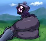 absurd_res anthro anus arm_tuft bear big_butt butt empty_eyes epic_games eye_scar facial_scar female fortnite fur genitals hi_res hip_tuft looking_at_viewer looking_back looking_back_at_viewer lying mammal obscured_face on_side purple_body purple_fur purple_hood raven_team_leader rear_view scar shoulder_tuft solo thick_thighs triplestabber tuft vulva white_eyes white_nose wide_hips