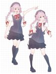  1girl :d anyoji_hime apron arm_up beret black_apron black_hat black_shoes black_skirt black_socks blonde_hair bow bowtie braid collared_shirt commentary frilled_skirt frilled_sleeves frills full_body gradient_hair grid_background hachiban_ramen hachiban_ramen_uniform hair_ribbon hand_up hat highres kneehighs loafers long_hair love_live! love_live!_hasu_no_sora_jogakuin_school_idol_club miniskirt multicolored_hair multiple_views open_mouth outstretched_arm parted_lips pink_hair puffy_short_sleeves puffy_sleeves red_bow red_bowtie red_ribbon ribbon ruoguiling shirt shoes short_sleeves skirt smile socks twin_braids untranslatable_commentary v-shaped_eyebrows virtual_youtuber white_shirt 