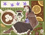  1girl :d arizuka_(catacombe) ascot black_hat bloodborne bonnet boots bow brown_boots chocolate cloak commentary_request doll_joints dress flower food fruit green_background grey_hair hat highres joints lemon lemon_slice messengers_(bloodborne) plain_doll red_ascot red_bow smile spoon teeth top_hat upper_teeth_only white_hair 
