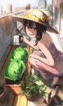  1girl alternate_costume balcony black_hair cabbage cat chomusuke commentary_request contemporary dress full_body hat highres holding holding_watering_can kono_subarashii_sekai_ni_shukufuku_wo! looking_at_viewer medium_hair megumin nobukingu outdoors pink_dress plant potted_plant red_eyes sandals skyline smile solo spaghetti_strap squatting summer watering_can 