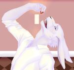 5_fingers anthro black_nose blue_eyes blush bust_portrait clothing collared_shirt cutebunnyboi detailed_background digital_drawing_(artwork) digital_media_(artwork) dress_shirt ears_down eyebrows fingers food fruit fur happy hare hi_res inside keisuke_urushihara lagomorph leporid looking_at_viewer male male_anthro mammal open_mouth pivoted_ears plant portrait restaurant shirt smile solo strawberry teeth teeth_showing tennis_ace tongue topwear tuft white_body white_fur