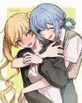 2girls alternate_costume artist_name bak_pep black_jacket blonde_hair blue_hair blush border braid braided_hair_rings brown_vest collared_shirt commentary_request dress green_background green_eyes hair_rings hug jacket korean_commentary long_hair mahou_shoujo_no_majo_saiban multiple_girls one_eye_closed open_mouth shirt short_hair signature simple_background smile tachibana_sherry tono_hanna twintails twitter_username vest white_border white_dress white_shirt yellow_eyes yuri 