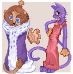 barefoot blue_eyes chess_piece clothing detached_hand domestic_cat duo eyebrows feet felid feline felis frown fur glitch_productions gloves handwear hi_res jax_(tadc) king_(chess) kinger_(tadc) lion male mammal mane overalls pantherine pink_clothing pink_overalls pupils purple_body purple_clothing purple_fur purple_tail robe robe_only ruby_thursda7 slit_pupils tail tail_tuft tan_body tan_fur the_amazing_digital_circus thick_eyebrows trans_(lore) trans_woman_(lore) triangle_nose tuft white_body white_fur white_sclera yellow_clothing yellow_gloves yellow_handwear yellow_sclera