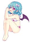  alternate_costume barefoot bat_wings bikini blue_hair blush bow fang hair_bow looking_at_viewer minamura_haruki open_mouth pointy_ears red_eyes remilia_scarlet short_hair smile solo swimsuit touhou wings 