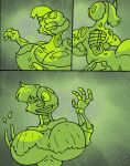 2016 acid ambiguous_gender anthro big_breasts blob_creature bone breasts canid canine canis clothing comic coyote crop_top digital_media_(artwork) dissolved_clothing dissolving dissolving_clothing dissolving_skin duo fatal female feral fur gloves gore green_body hair handwear huge_breasts june_coyote mammal shirt skeleton slime tan_body tan_fur teeth thick_thighs topwear translucent unwilling_prey virus-20 vore