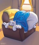 2026 absurd_res anthro ass_up bed_sheet bedding big_butt boss_monster_(undertale) bovid bread butt caprine chairiel clothed clothing curtains eating eyes_closed female food furniture goat happy hi_res honey_(food) horn lying lying_on_sofa mammal manaria_opossum morning obese obese_female on_sofa overweight overweight_female partially_clothed signature sofa solo tired toast toriel undertale_(series) window