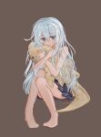  1girl absurdres barefoot black_skirt blue_eyes blue_hair blush brown_background commentary_request feet full_body hair_between_eyes hair_ornament hibiki_(kancolle) highres hugging_doll hugging_object kantai_collection knees_up long_hair long_sidelocks looking_at_viewer miniskirt pleated_skirt r_you_yabai sidelocks simple_background sitting skirt smile solo stuffed_animal stuffed_shark stuffed_toy thighs very_long_hair zebra_shark 
