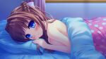 1girl blanket blush bow braid breasts brown_hair closed_mouth from_side game_asset hair_bow half_up_braid hand_up head_on_pillow hinata_nao hoshimi_yuki indoors large_breasts light_smile long_hair looking_at_viewer lying night non-web_source nose_blush nude official_art on_bed on_stomach pillow turning_head white_bow yuuwaku_scramble 