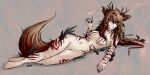 2018 2:1 animal_humanoid antlers black_body black_claws black_feathers black_sclera bloominglynx breasts brown_antlers brown_body brown_fur brown_hair claws colored_sketch digital_drawing_(artwork) digital_media_(artwork) feathers featureless_breasts featureless_crotch featureless_feet feet female finger_claws fur hair hi_res horn humanoid humanoid_hands long_hair lying markings navel nude on_side orange_eyes red_markings red_stripes sketch solo striped_body striped_skin stripes tail white_body white_skin