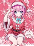  1girl belt black_belt blue_eyes blue_ribbon blush closed_mouth commentary_request dress hand_on_own_head hat headset highres looking_at_viewer monster_strike opeko_(monster_strike) pink_background pink_hair ribbon ryo_(0626kk) santa_costume santa_dress santa_hat sidelocks sitting snowflakes solo 