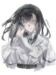  1girl absurdres adjusting_hair arknights black_hair black_hairband chinese_commentary coat commentary_request cropped_torso diamond-shaped_pupils diamond_(shape) glowing glowing_eyes hairband hand_up highres kong_ming_kmmo long_hair long_sleeves looking_at_viewer parted_lips priestess_(arknights) purple_eyes simple_background solo sweater symbol-shaped_pupils turtleneck turtleneck_sweater upper_body white_background white_coat white_sweater 