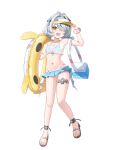  1girl absurdres adjusting_clothes adjusting_headwear antenna_hair bare_shoulders bikini blue_bikini blush commentary dracaene_sunbringer flat_chest green_eyes grey_hair hair_over_one_eye harveythenerdy highres holding holding_swim_ring looking_at_viewer navel off-shoulder_shirt off_shoulder open_mouth see-through_clothes see-through_shirt shirt simple_background solo swim_ring swimsuit thigh_strap toes wet white_background white_shirt yellow_visor_cap zenless_zone_zero 