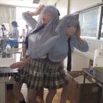  2girls absurdres ak-12_(girls'_frontline) alternate_costume blue_necktie breasts character_name closed_eyes commentary diao_guo_yu english_commentary english_text feet_out_of_frame girls'_frontline grey_eyes grey_hair hand_on_own_cheek hand_on_own_face highres long_hair looking_at_viewer medium_hair multiple_girls necktie open_mouth parted_lips photo_background plaid_clothes plaid_skirt rpk-16_(girls'_frontline) salute school_uniform shirt skirt sleeves_rolled_up smile standing teeth twitter_username upper_teeth_only white_shirt 